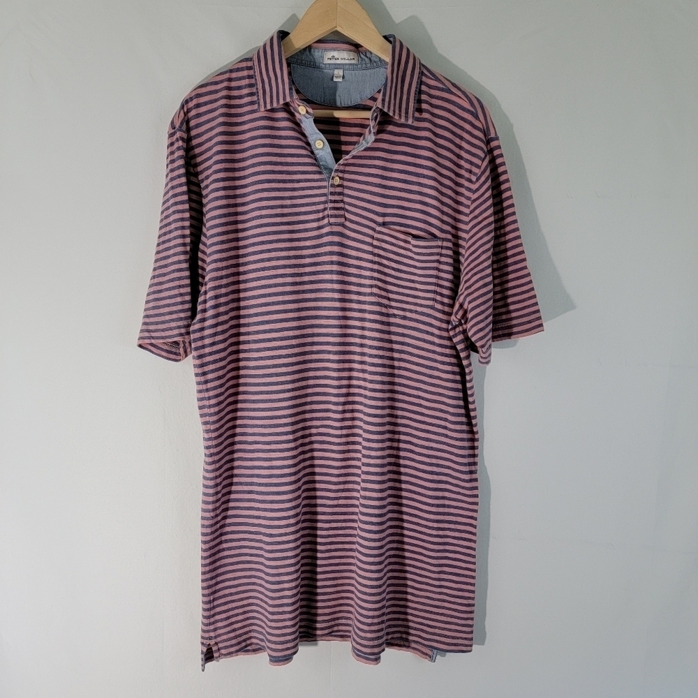 PETER MILLAR Men's Navy/Orange Striped Short Sleeve Polos Sz L Button Pocket
